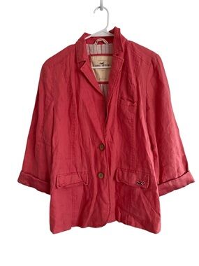 Hollister Betty Suit Style Coral 100% Linen Blazer Buttons Pockets Spring Sz L